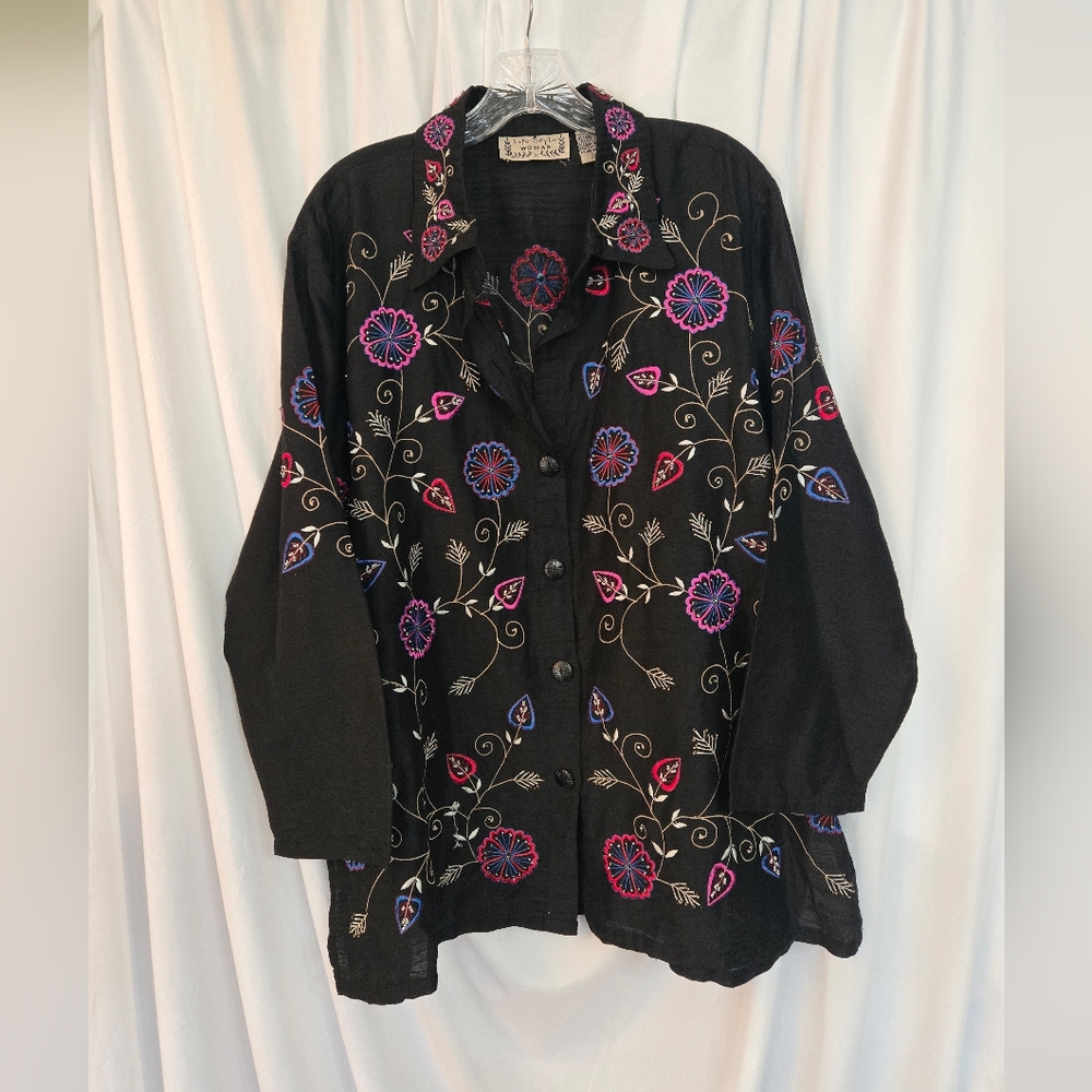 Life Style Women Embroidered Black Floral Button Down Silk Plus Size 1X